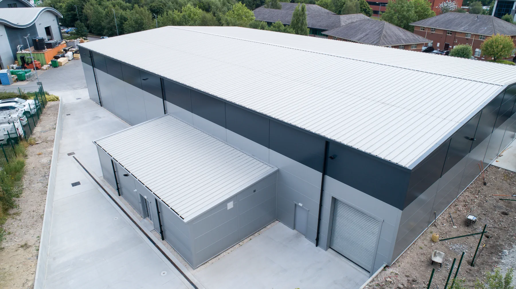 Jarvale-Construction-Cathelco-Derbyshire-13 Aerial view of Cathelco warehouse roof and service yard