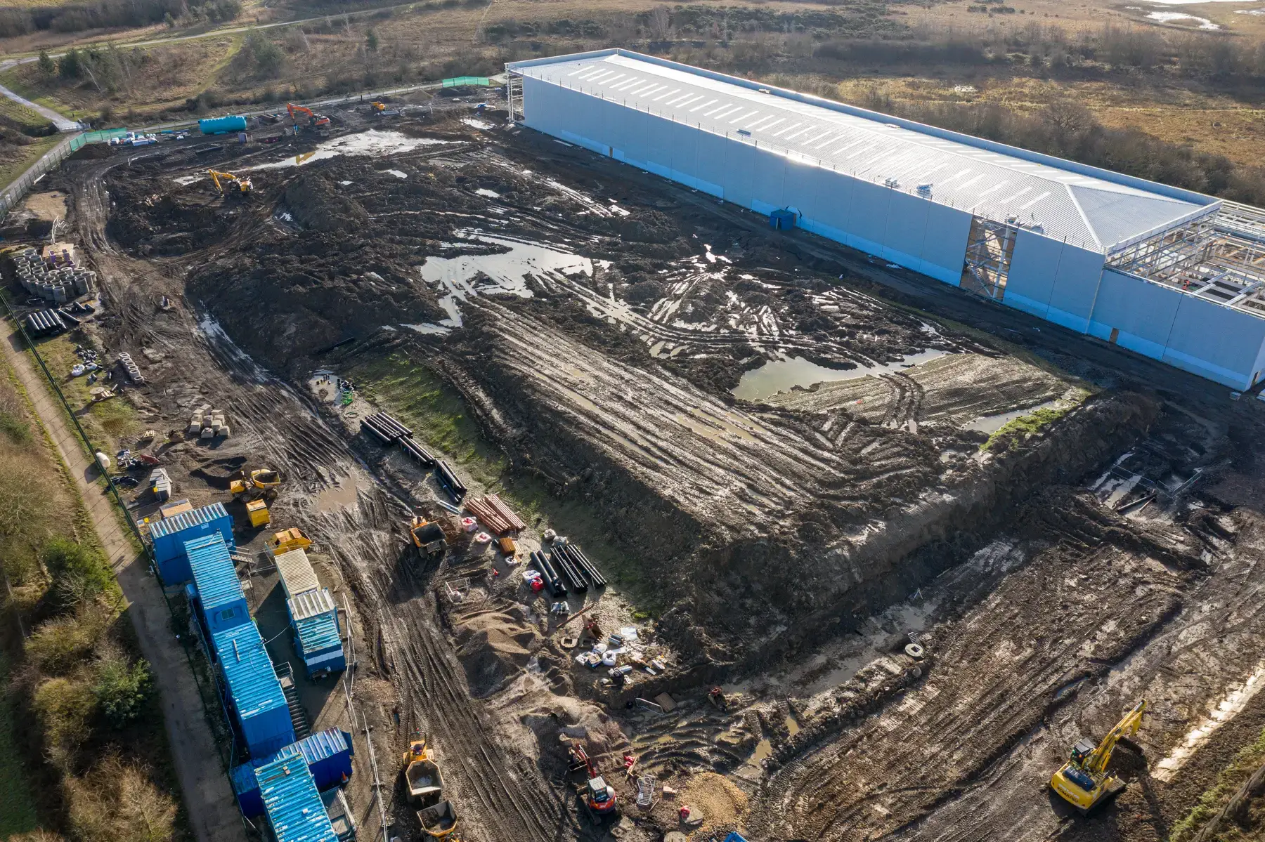 Jarvale-Construction-Groundworks-Services-11 Aerial view of groundworks beside industrial warehouse