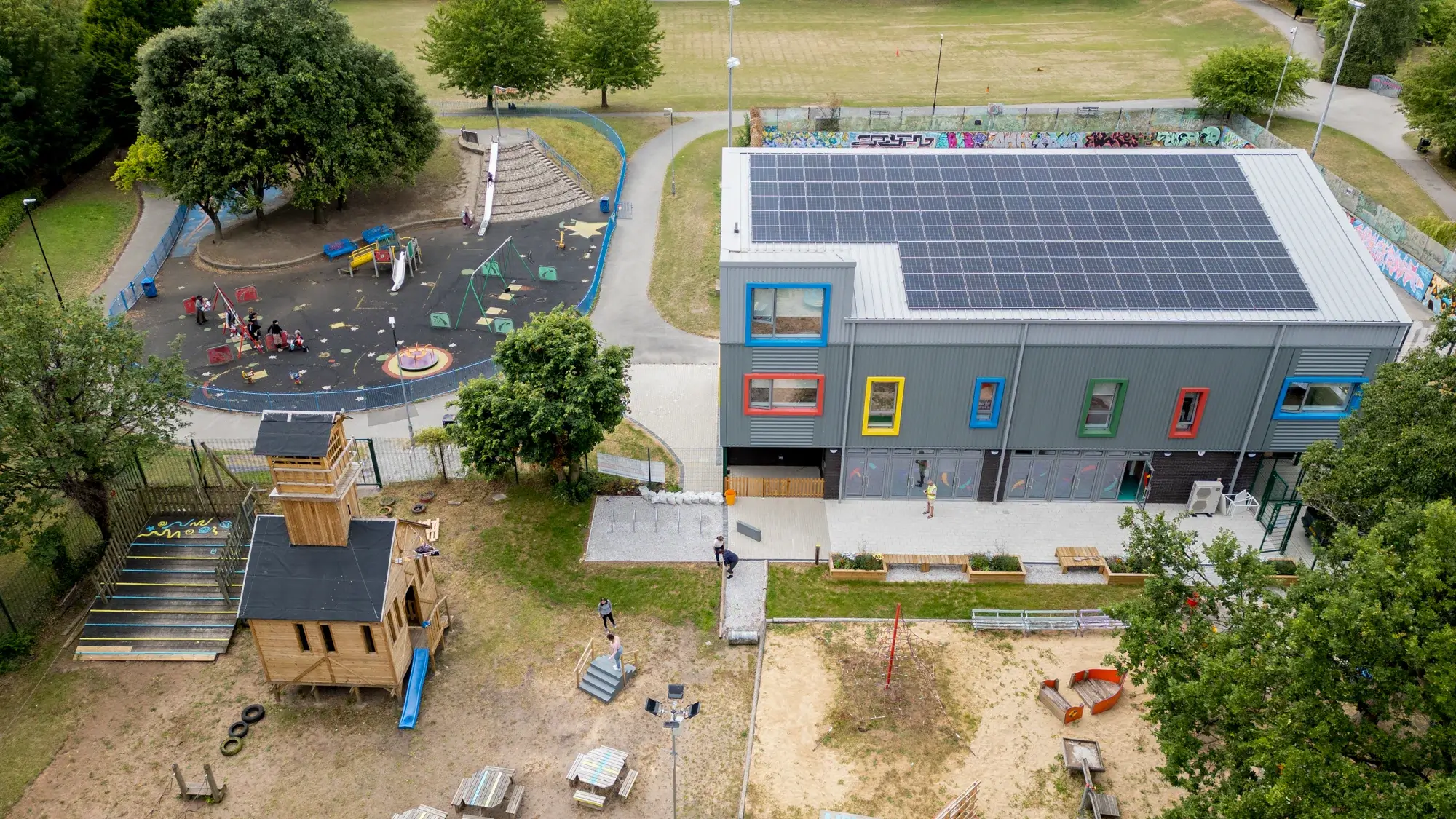 Jarvale-Construction-Highland-Adventures-Sheffield-30 Aerial view of Highland Adventures community building and surrounding play facilities Sheffield