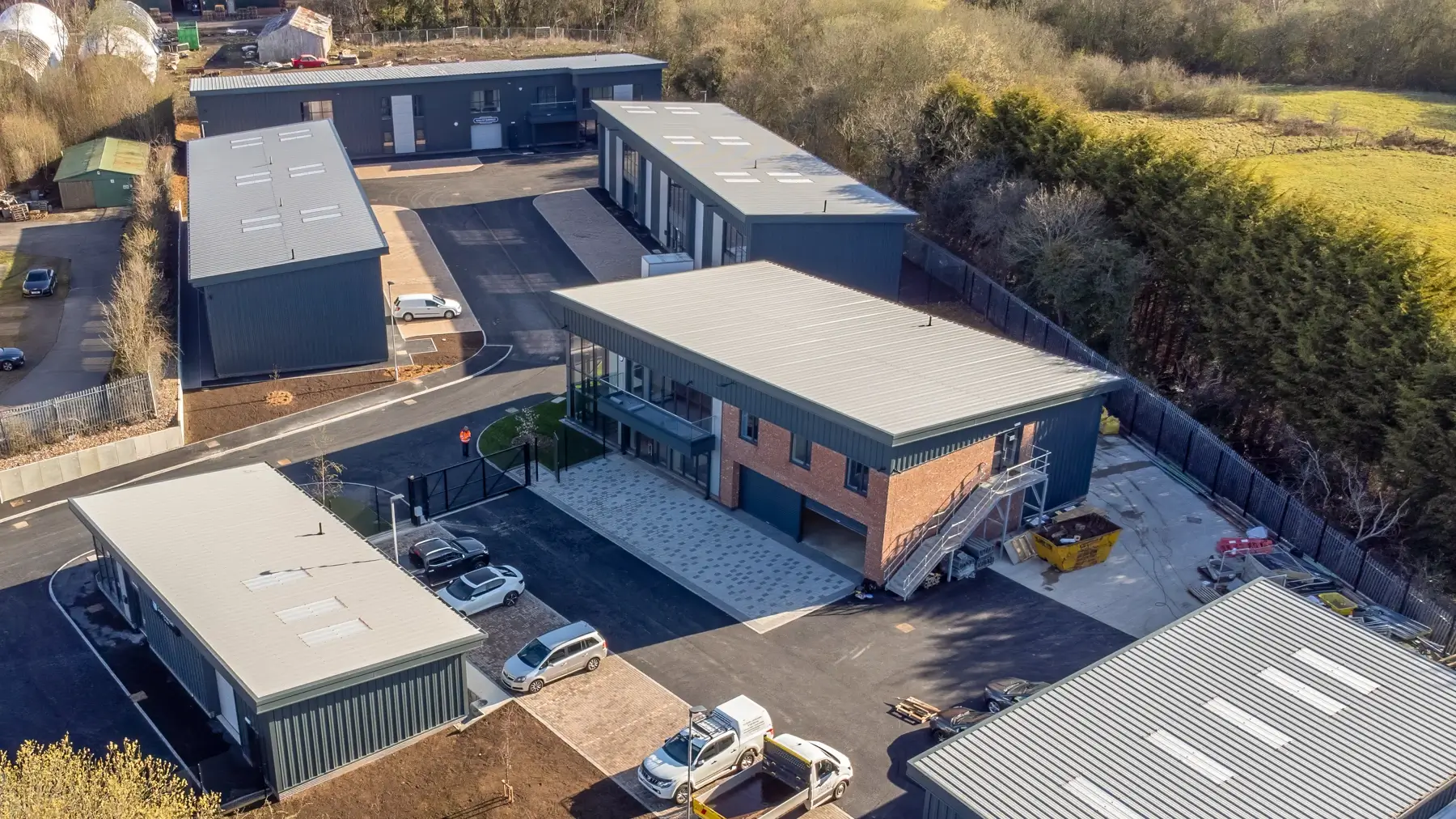 Aerial shot of redevelopment of a 2-acre brownfield site in Dronfield, creating commercial units
