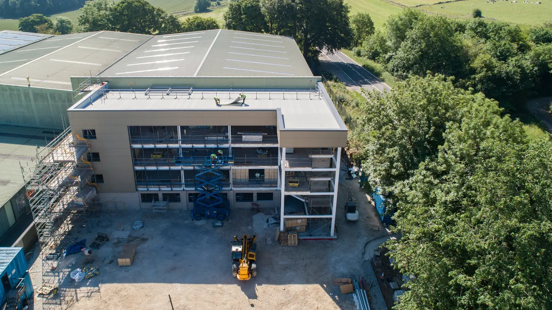 Jarvale-Construction-Selden-Research-Project-Buxton-1 Aerial view of Selden Research warehouse and office construction project in Buxton