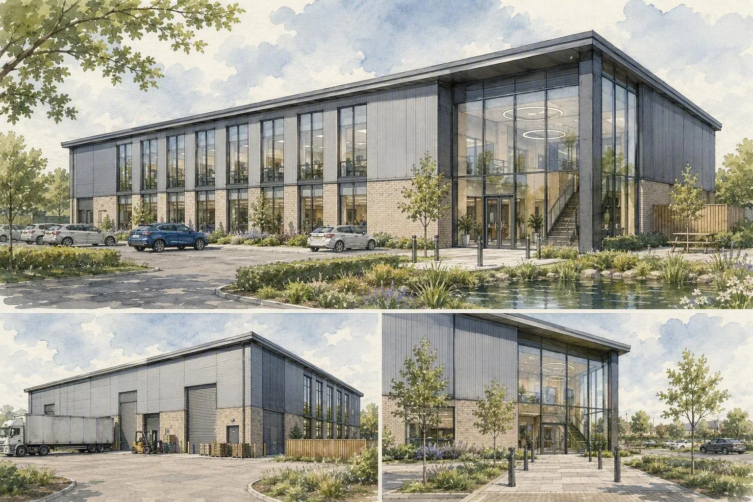 Architectural visualisation of proposed warehouse and office development